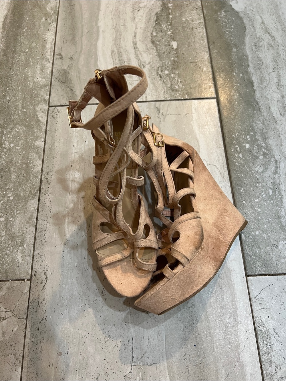 Shoe Dazzle Taupe Suede Strappy Lace-Up Wedge Sandals